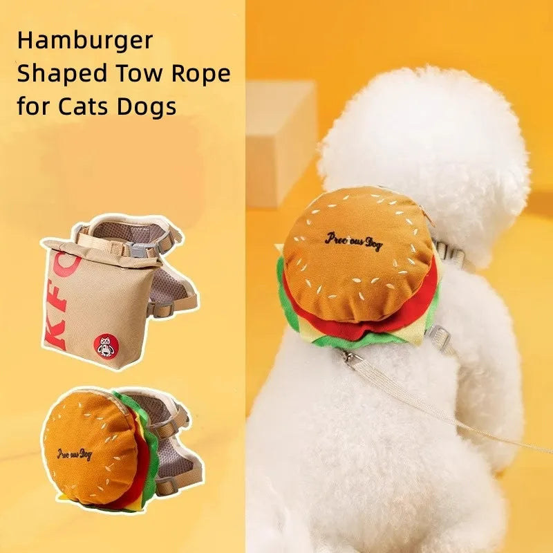 Cartoon hamburger design adjustable vest leash rope for dogs and cats with backpack compartment