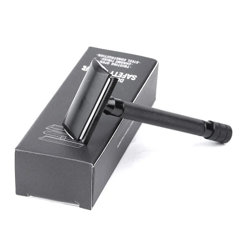Manual beard scraper and brush set in black or silver metal finish