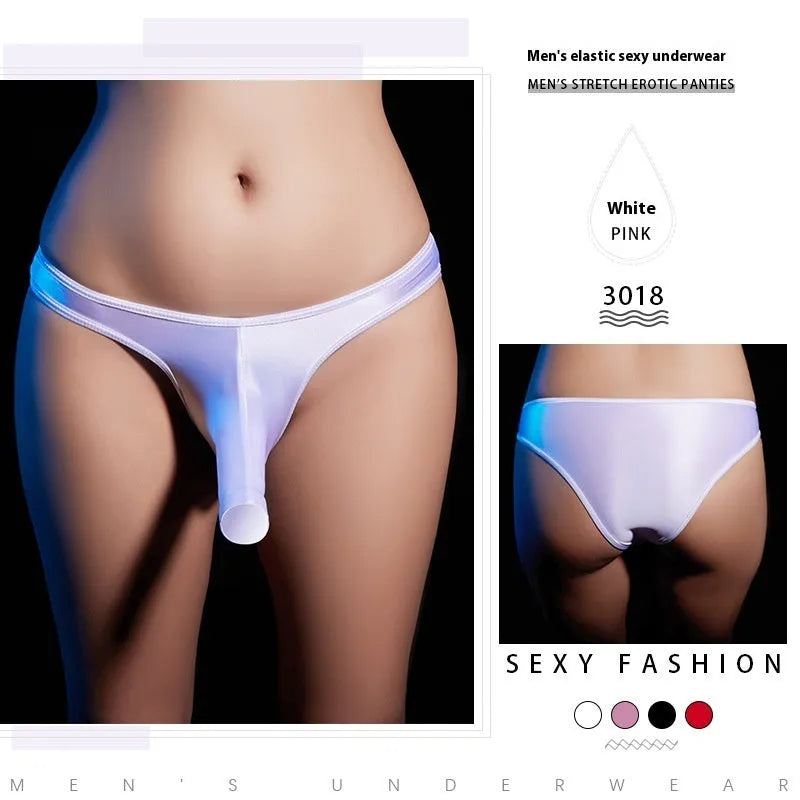 Men's low waist T-back underwear in shiny nylon, colours: black, white, dark grey, red, pink