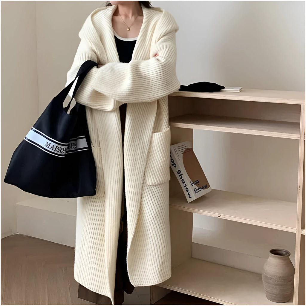 Women's loose hooded sweatshirt cardigan in acrylic fabric with 80cm length and raglan sleeves