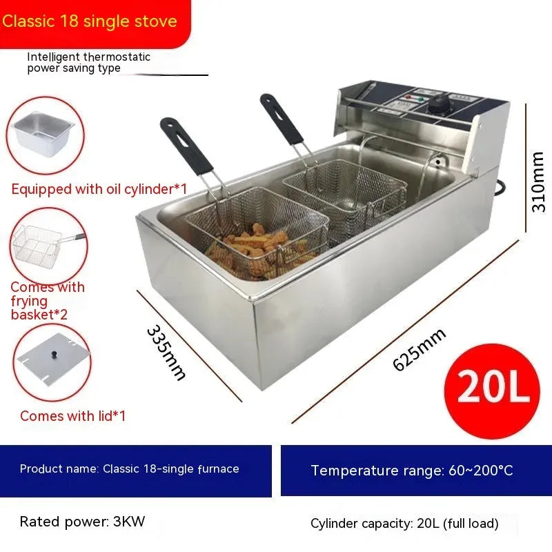 Commercial stainless steel deep frying pan with temperature control and 18 single cylinder configuration