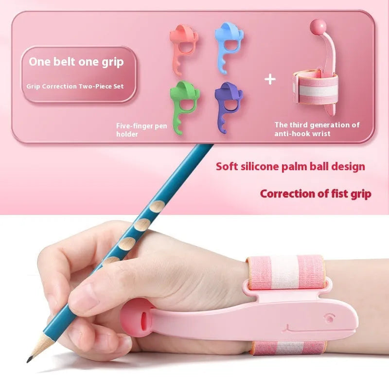 Blue Anti-hook Holder Pen Control Corrector, a wrist brace and pencil grip for children's handwriting.