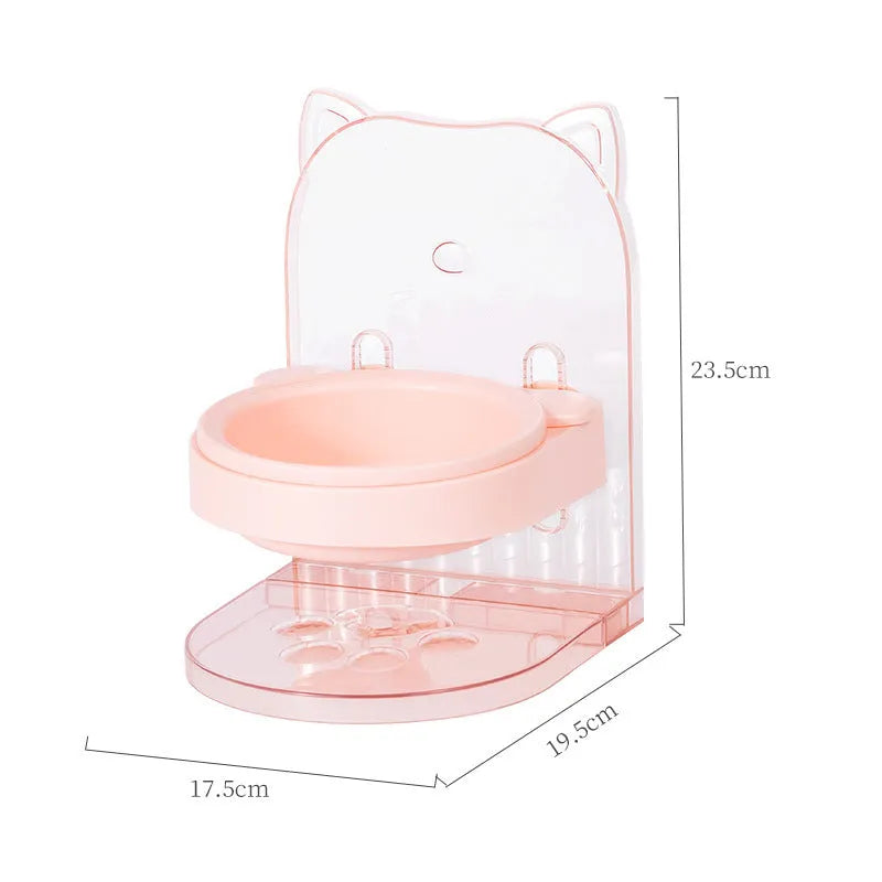 Grey cat feeding bowl with anti-spill neck guard, adjustable height, and removable cage attachment