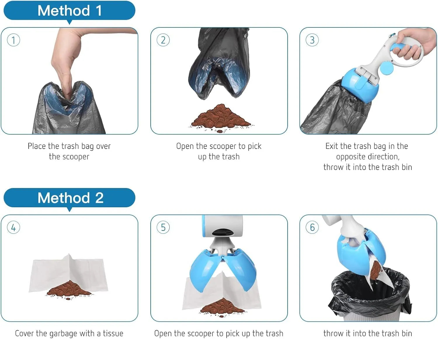Black pet pooper scooper with built-in trash bag holder and carrying hook on a gravel path.