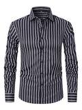 Men's slim fit striped long sleeve shirt in ice silk polyester blend for business formal wear