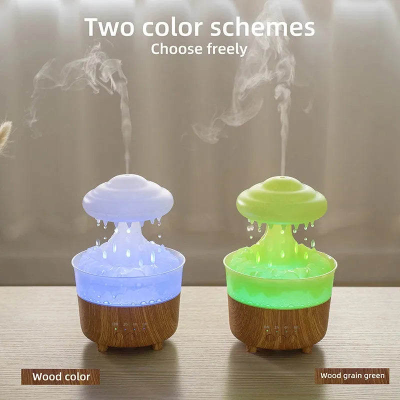 Wood grain white cloud shaped humidifier and essential oil diffuser with coloured LED lights on