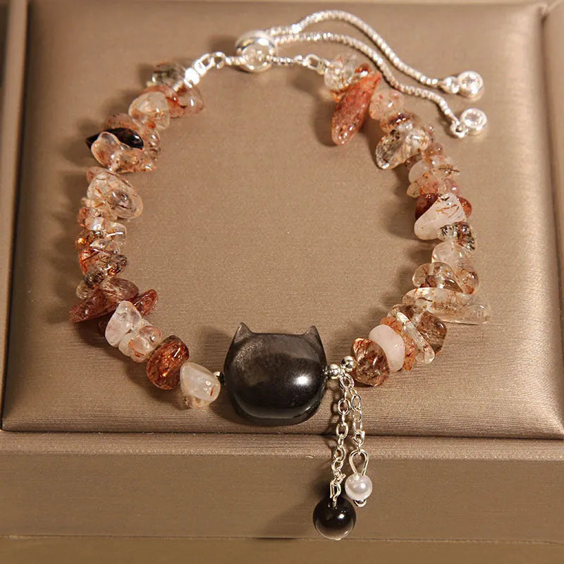 Pink crystal gravel kitten bracelet for women light luxury style