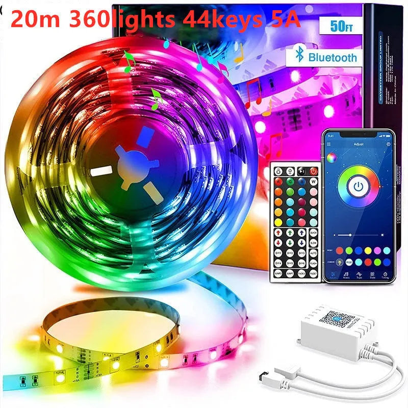 Bluetooth-controlled RGB LED strip light with remote and smartphone app