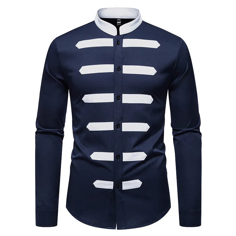 Men's casual long sleeve shirt with black and white stitching, slim fit, cardigan style, polyester fabric