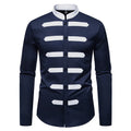 Men's casual long sleeve shirt with black and white stitching, slim fit, cardigan style, polyester fabric