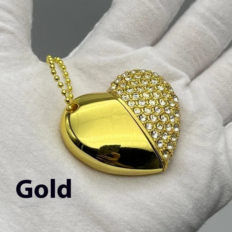 Heart-shaped brick pattern metal USB flash drive shown in multiple colour options.