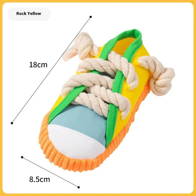 Colourful plastic dog chew toy with bends and squeaker for dental exercise
