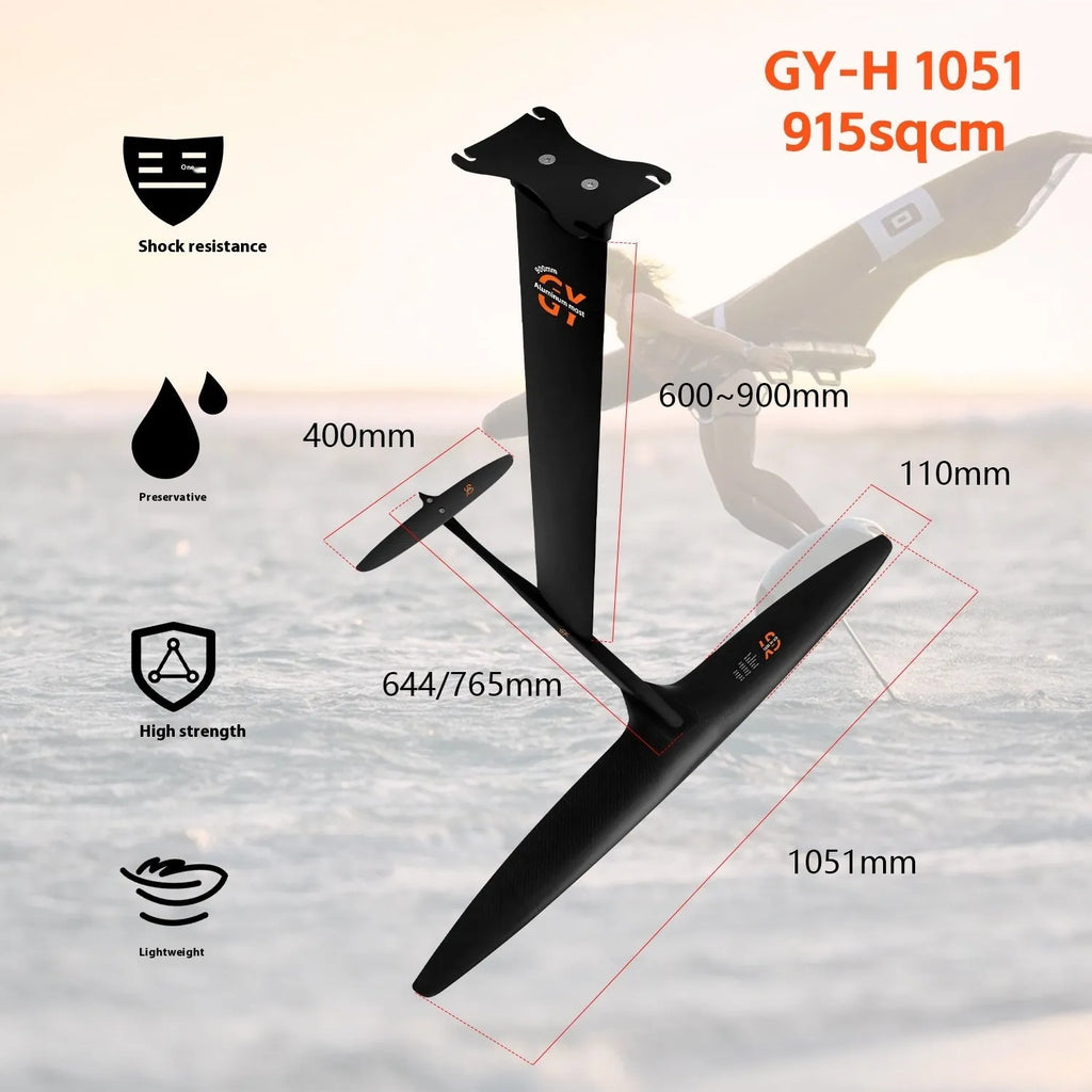Black hydrofoil surfboard component with aluminium alloy and carbon fibre construction