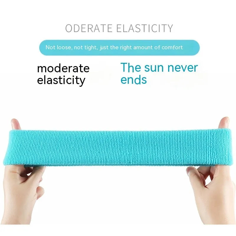 Widened elastic sports sweat band in black, blue, red, rose red, and sky blue colours.