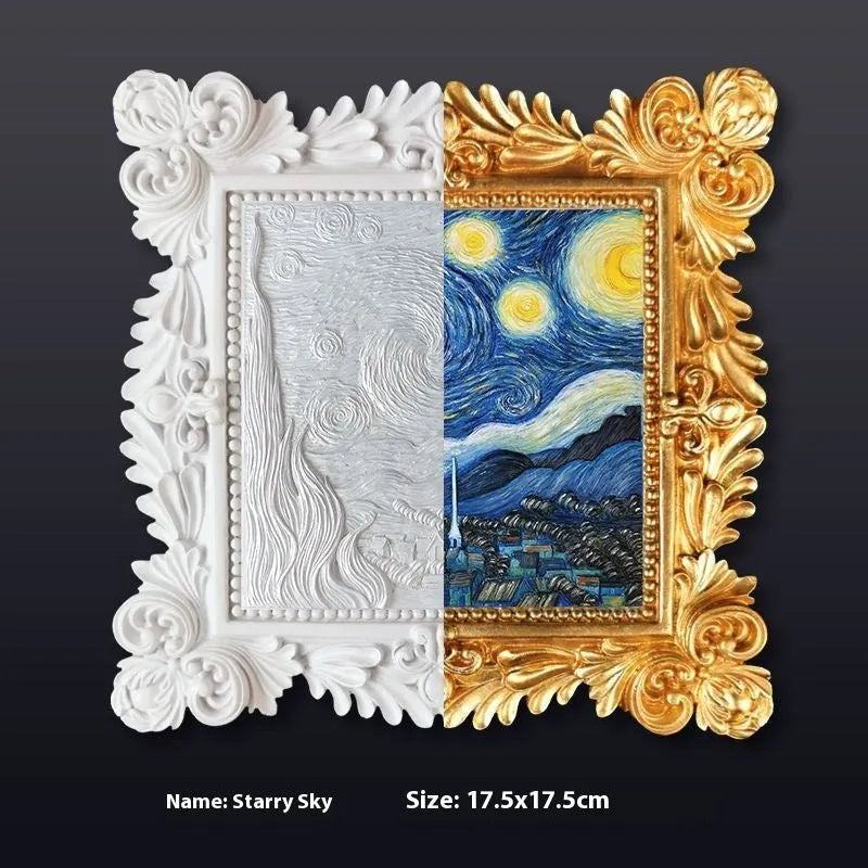 DIY paint by numbers kit showing Van Gogh's Starry Night canvas with acrylic paints and brushes