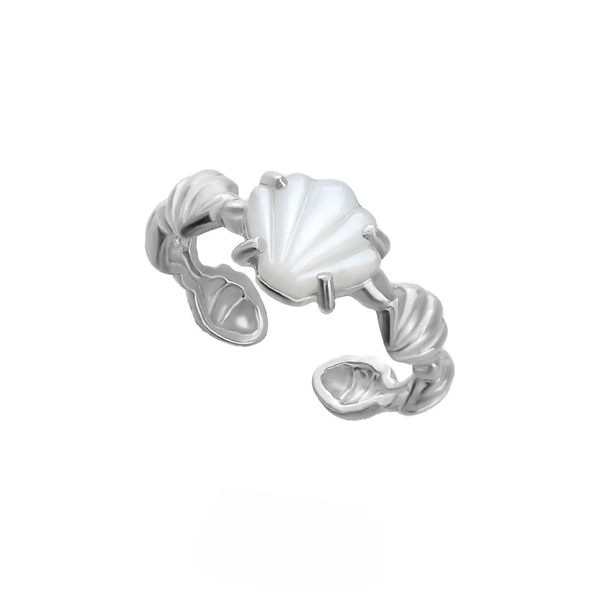 Adjustable silver ring with shell and tiger eye stone in white gold electroplated finish