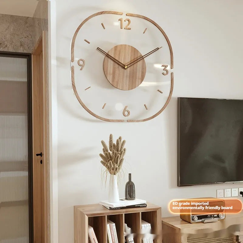 35cm square transparent wooden wall clock with modern design on wall