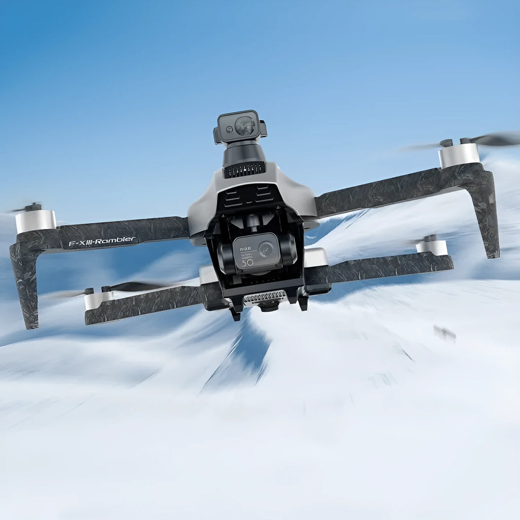 White folding quadcopter drone with 4K camera and obstacle avoidance sensors on a grassy field.