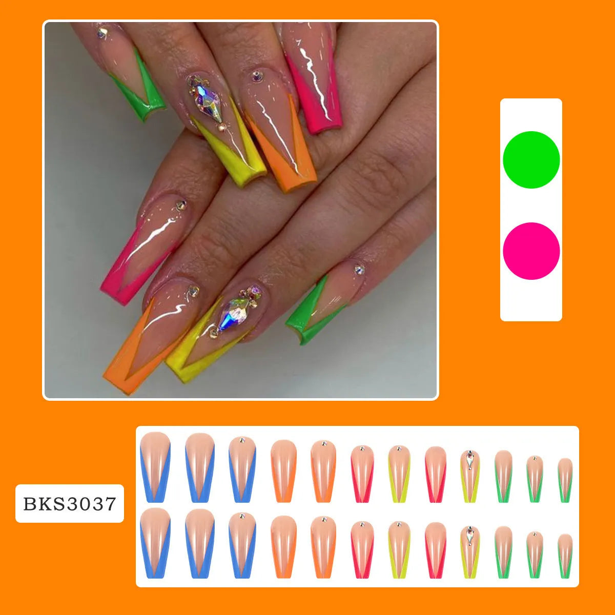 Detachable nail tip kit in diamond colour French style with cartoon heart patterns, includes jelly glue and filing strip.