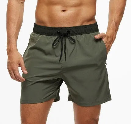 Men's blue stitching waist athletic shorts with zipper pocket and drawstring for running fitness