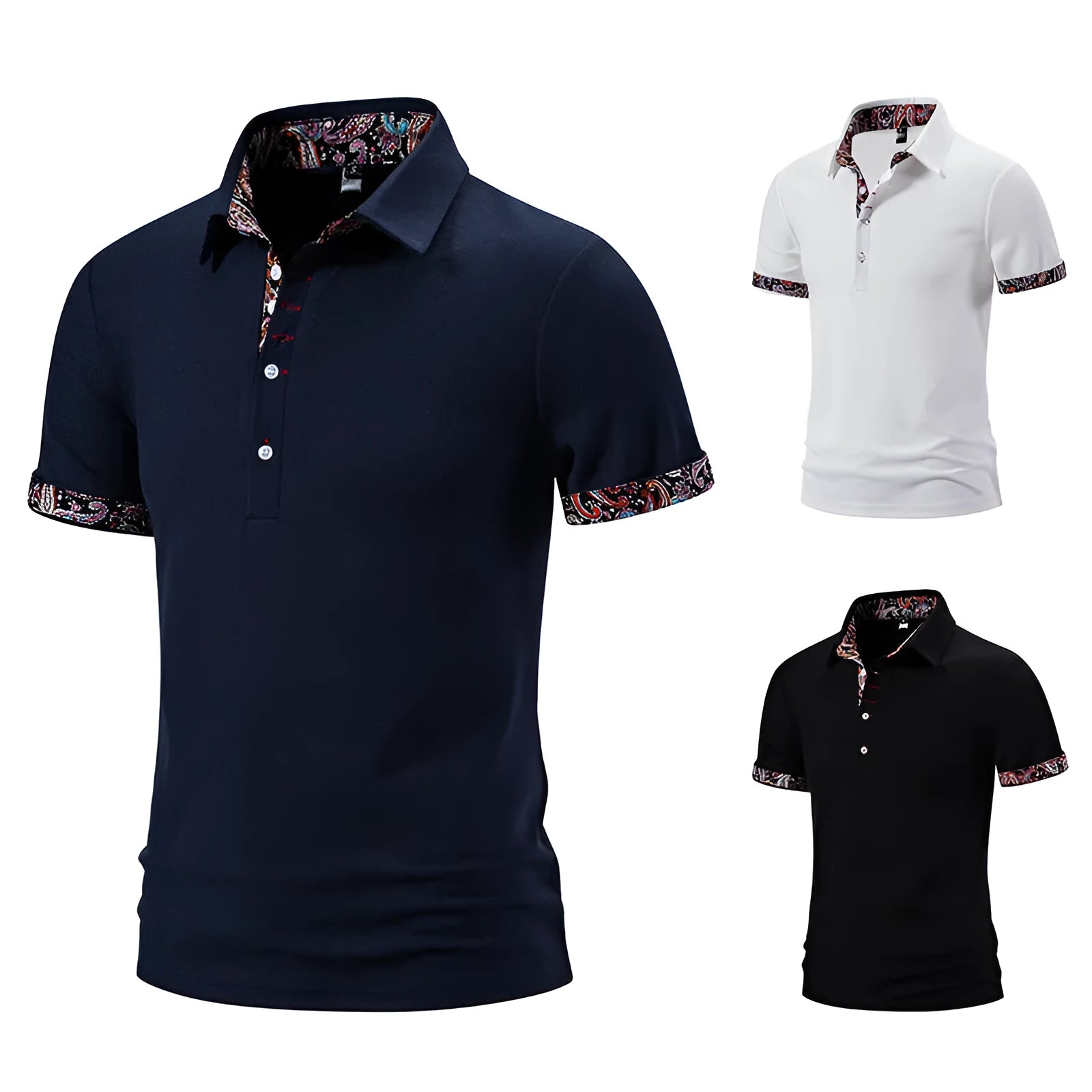 Men's navy blue polo shirt with colour stitching on the turnover collar and short sleeves.