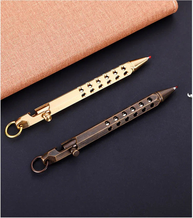 Brass hexagonal retro bolt pen with a 0.5mm tip shown next to a refill.