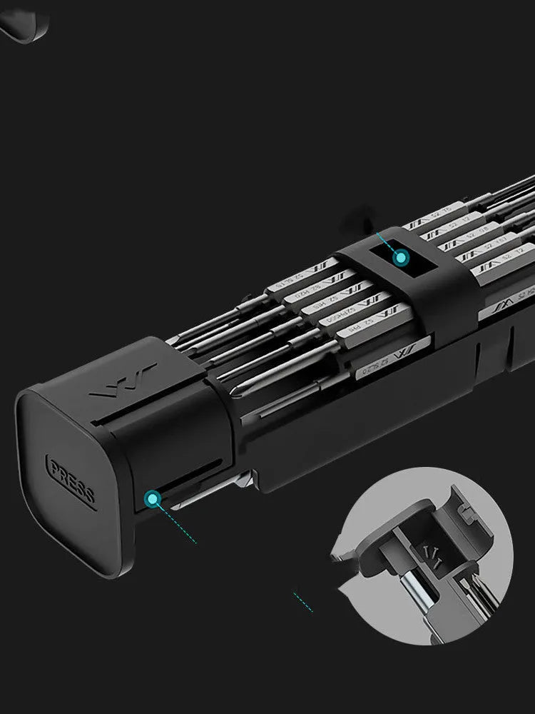 Black multi-function screwdriver set in aluminium tube with magnetic insulated chrome-molybdenum alloy steel tips for phone repair