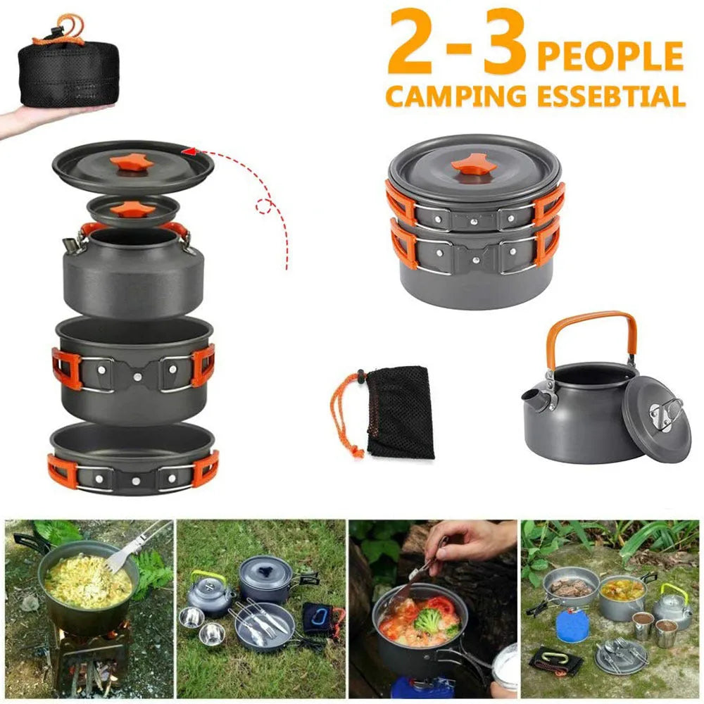 Orange travel picnic tableware folding camping cookware set with aluminium pots, pan, and utensils in mesh bag