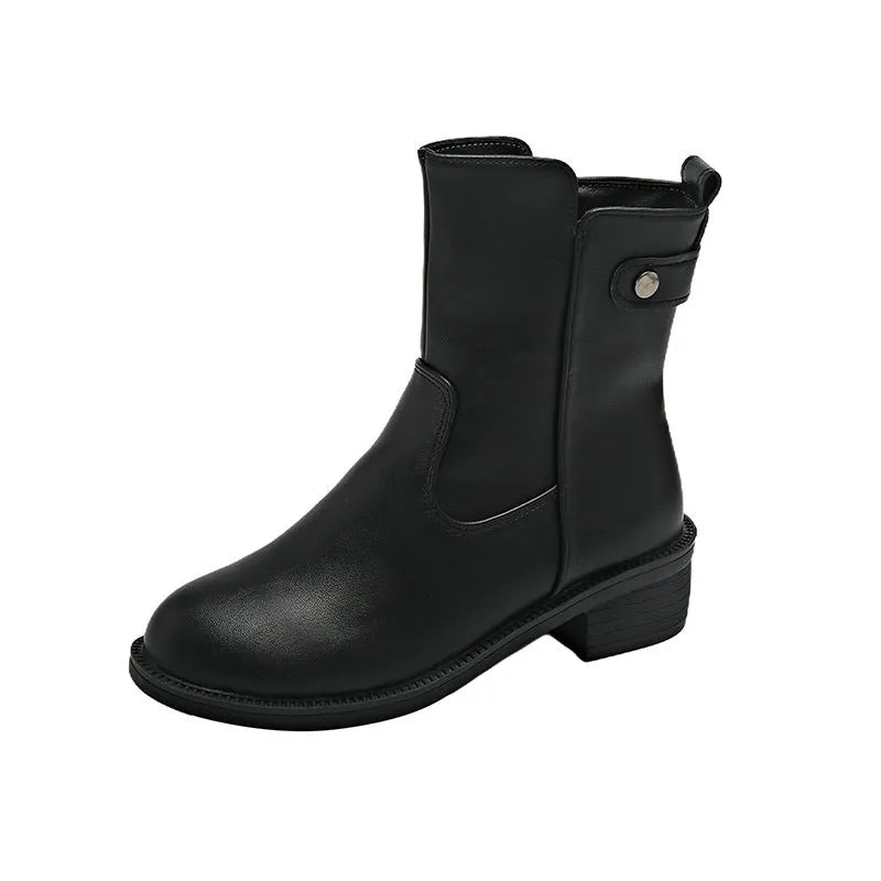 Women's black side zip low heel boots with round toe design