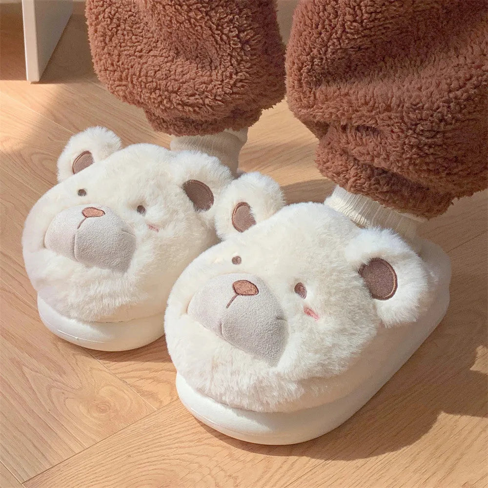 Women's plush suede slippers in milky white with cartoon pattern and round toe design