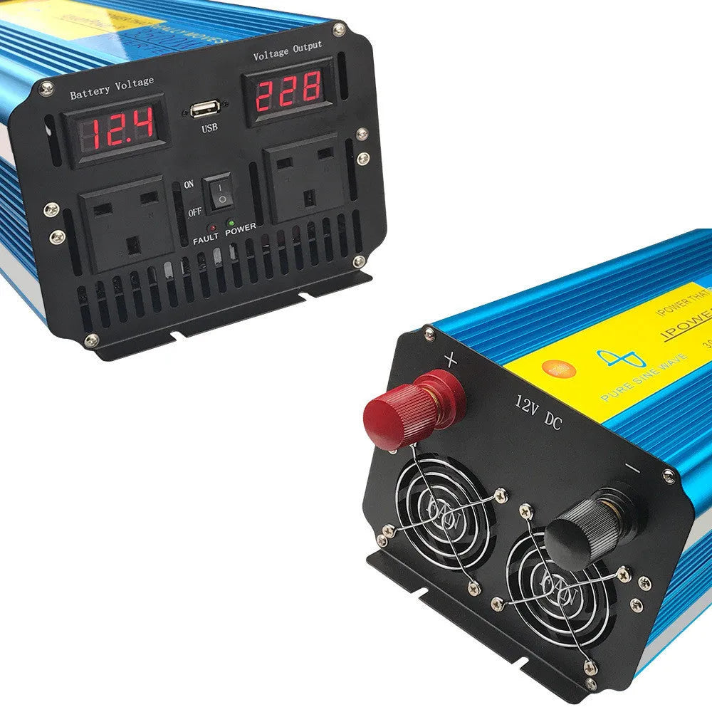 Blue 3000W pure sine wave car power inverter with digital display and UK plug socket