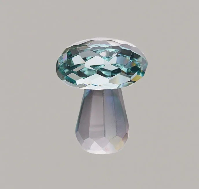 Colourful acrylic mushroom crystal decoration in geometric style, measuring 40mm by 53mm.
