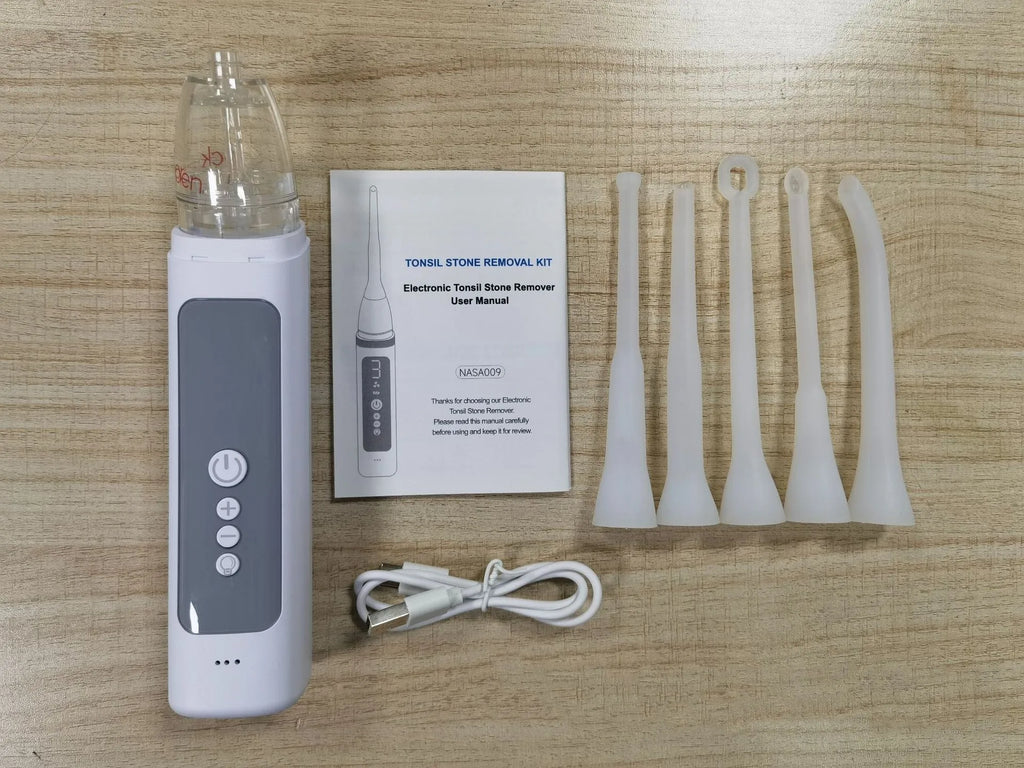 Tonsil stone removal tool set with LED light, stainless steel extractor, and silicone suction tips