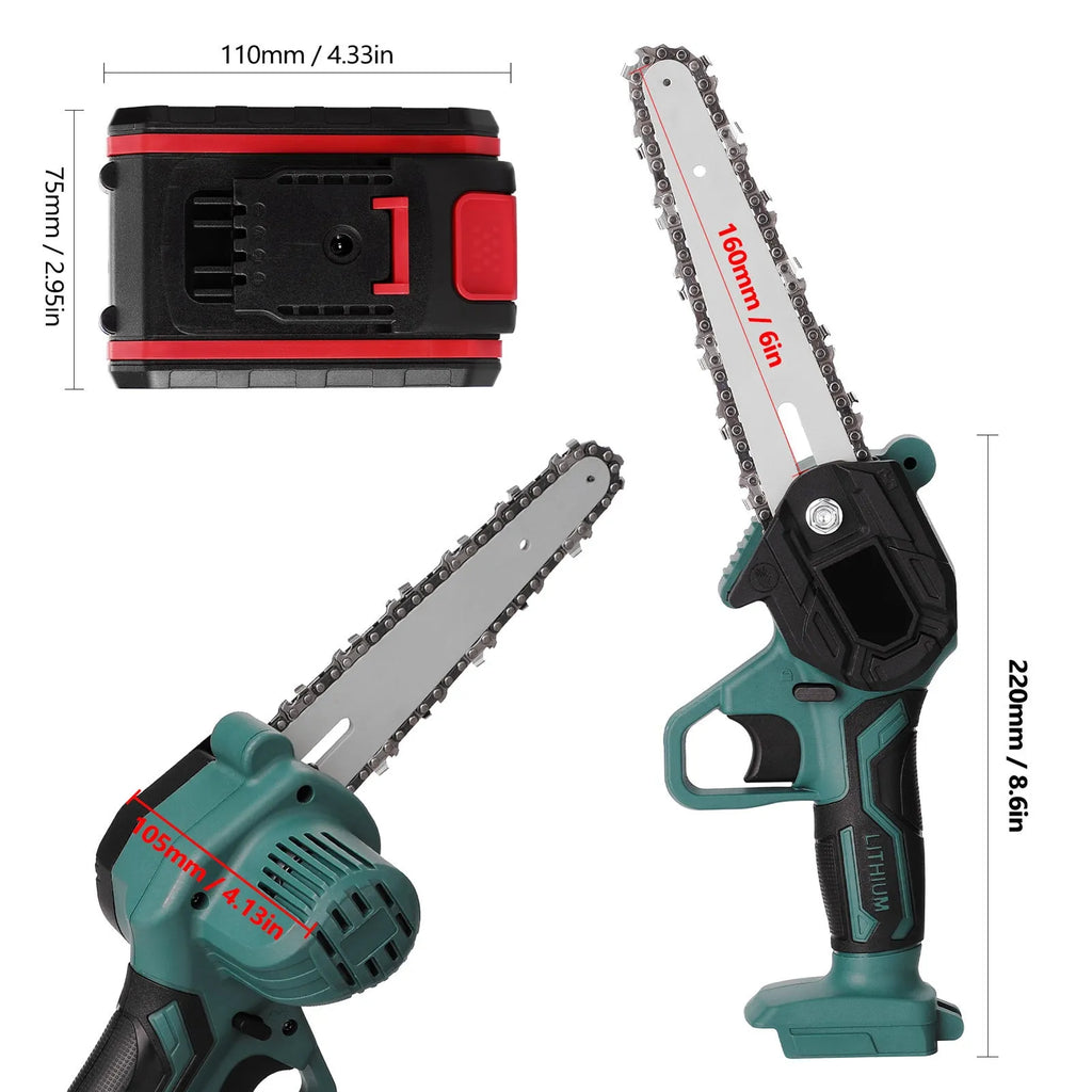 Black one-hand mini electric chainsaw with 4-inch guide, shown on a wooden surface.