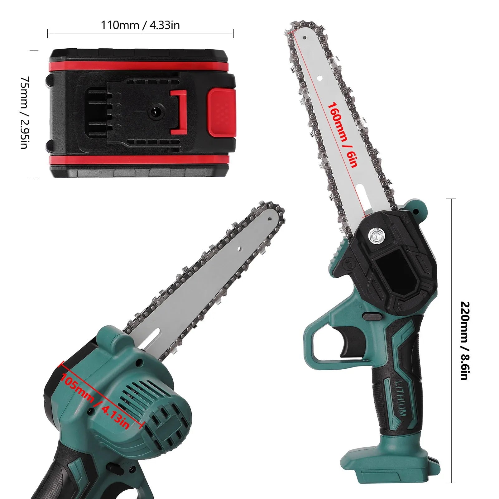 Black one-hand mini electric chainsaw with 4-inch guide, shown on a wooden surface.