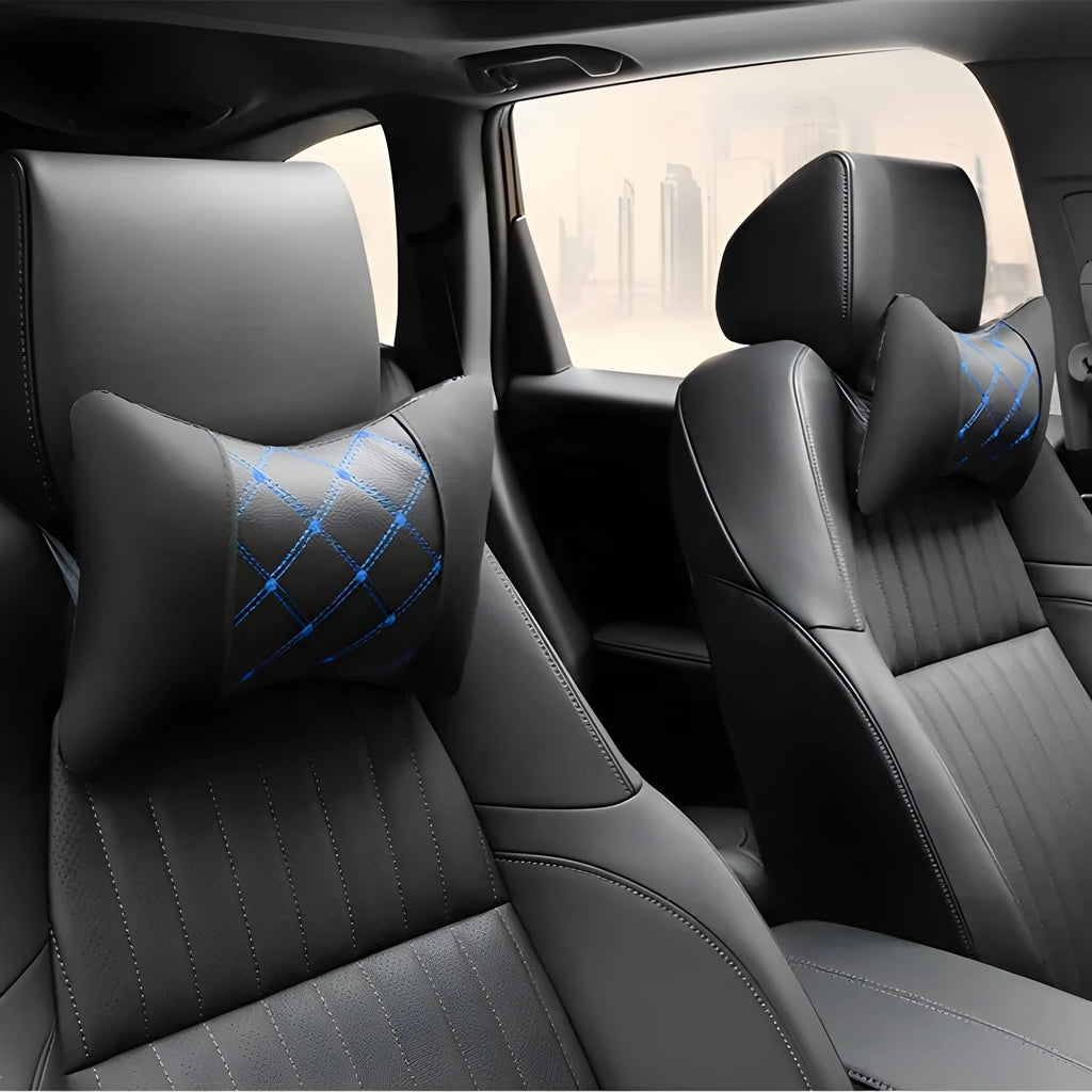 Artificial leather quilted car headrest cushion pair with elastic cotton filling for neck support