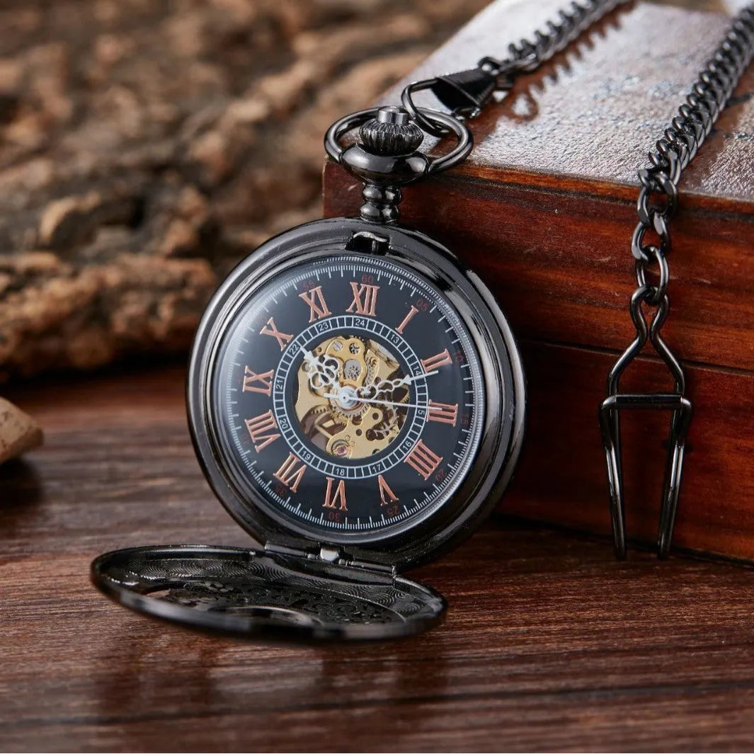 Retro hollow floral print automatic mechanical pocket watch with alloy case and transparent back