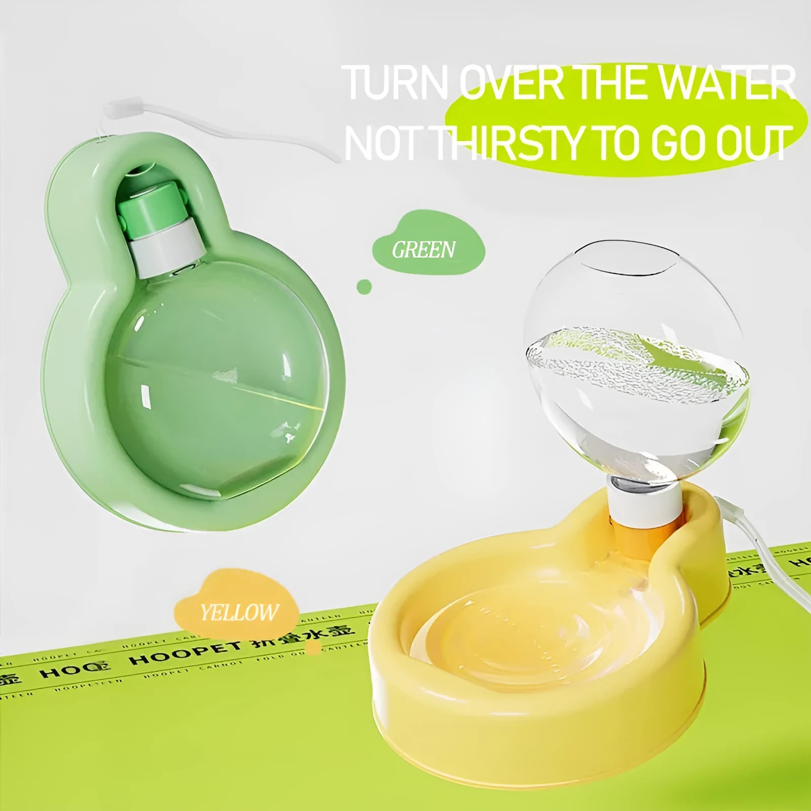 Green pet travel cup with pull-out drinking bowl for dogs showing leak-proof design