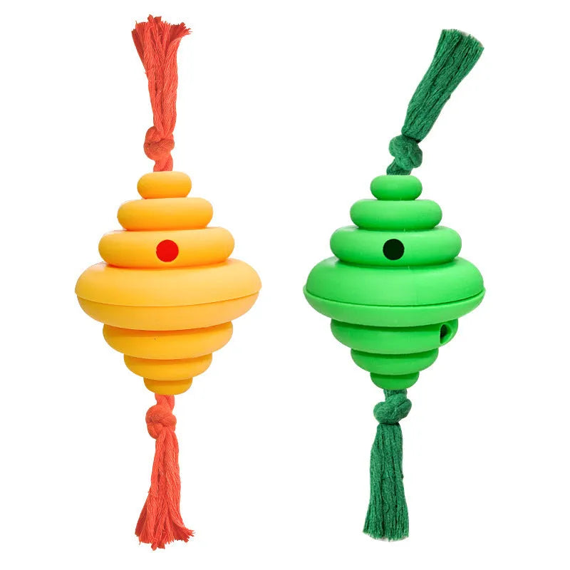 Green and yellow split oval dog ball with attached rope, a treat-dispensing chew toy