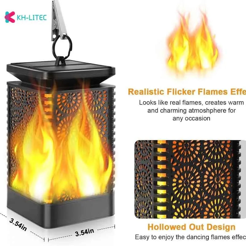 Set of four black solar-powered hanging lanterns with flickering flame LED lights for outdoor garden decoration.