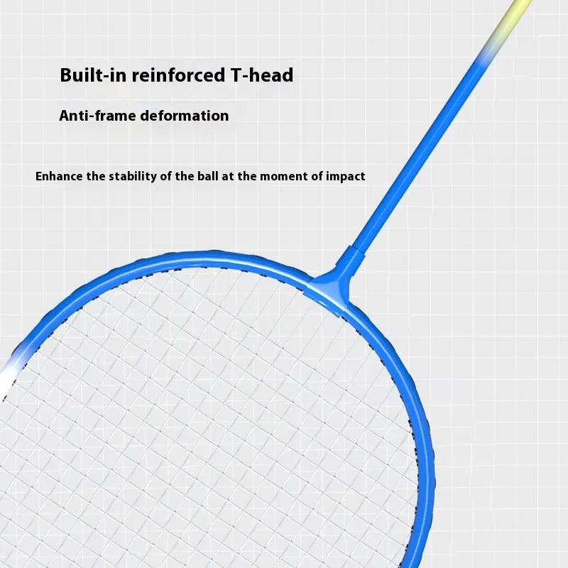 Ultra-light alloy badminton racket set showing blue and red rackets for recreational play