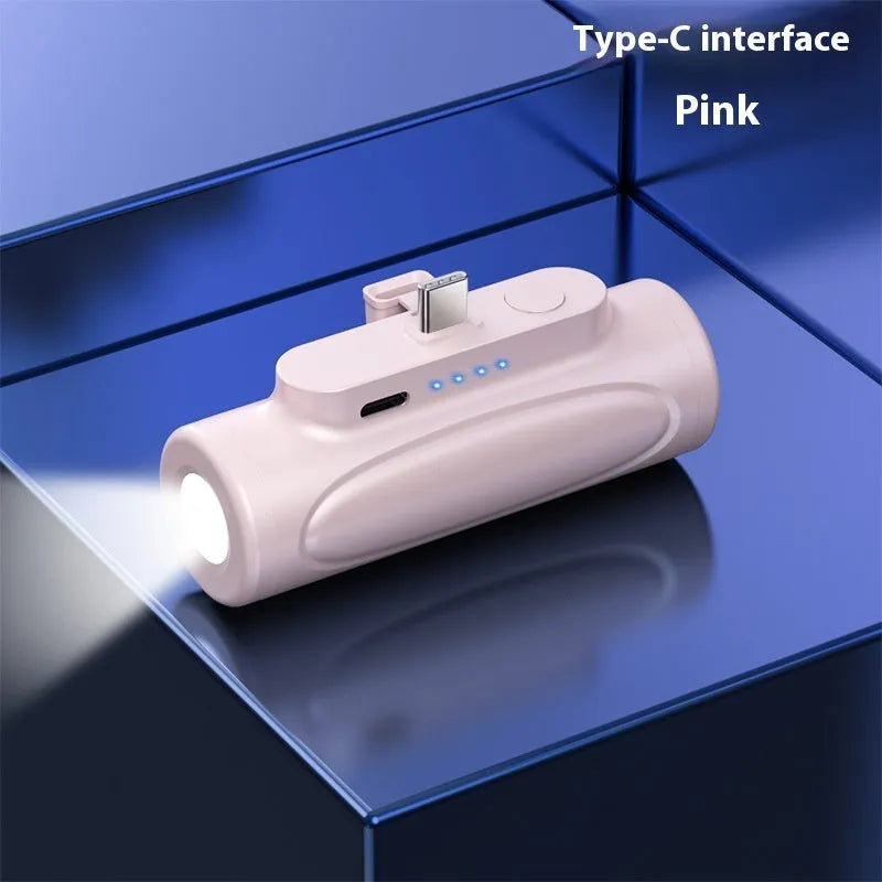 Black or pink creative power bank glare flashlight showing LED torch and charging port, dimensions 83x27x41mm.