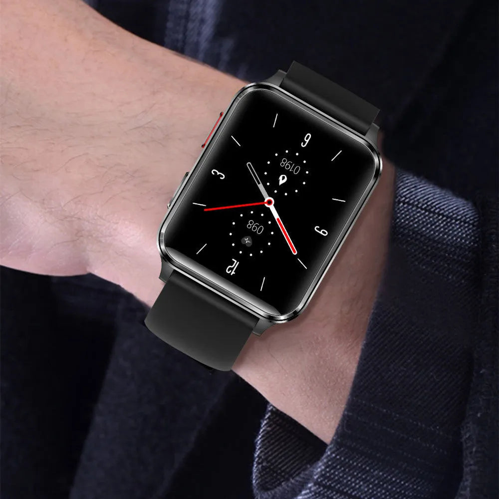 Multi-sport smart watch with blue silicone wristband and 1.7-inch touchscreen displaying heart rate data