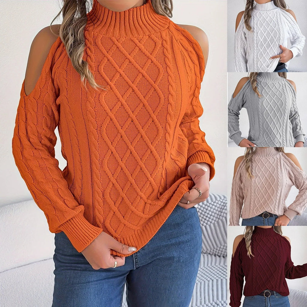 Women's acrylic sweater with twist design, strapless half-high collar, and lantern long sleeves in multiple colours