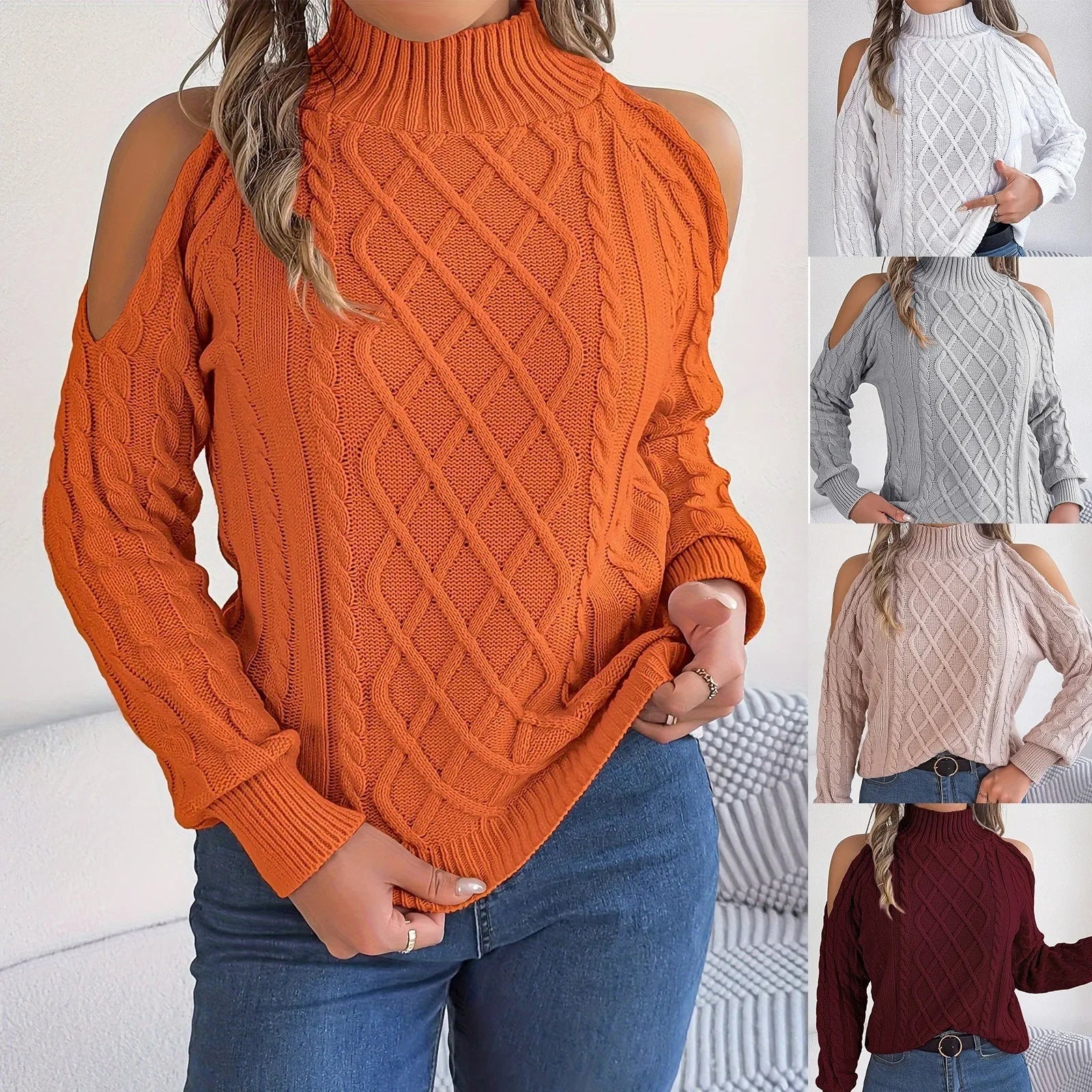 Women's acrylic sweater with twist design, strapless half-high collar, and lantern long sleeves in multiple colours