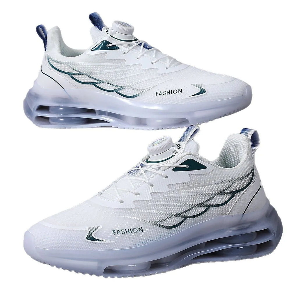 White low-top Korean style casual sports shoes with rotating button and lace-up closure on a rubber sole.