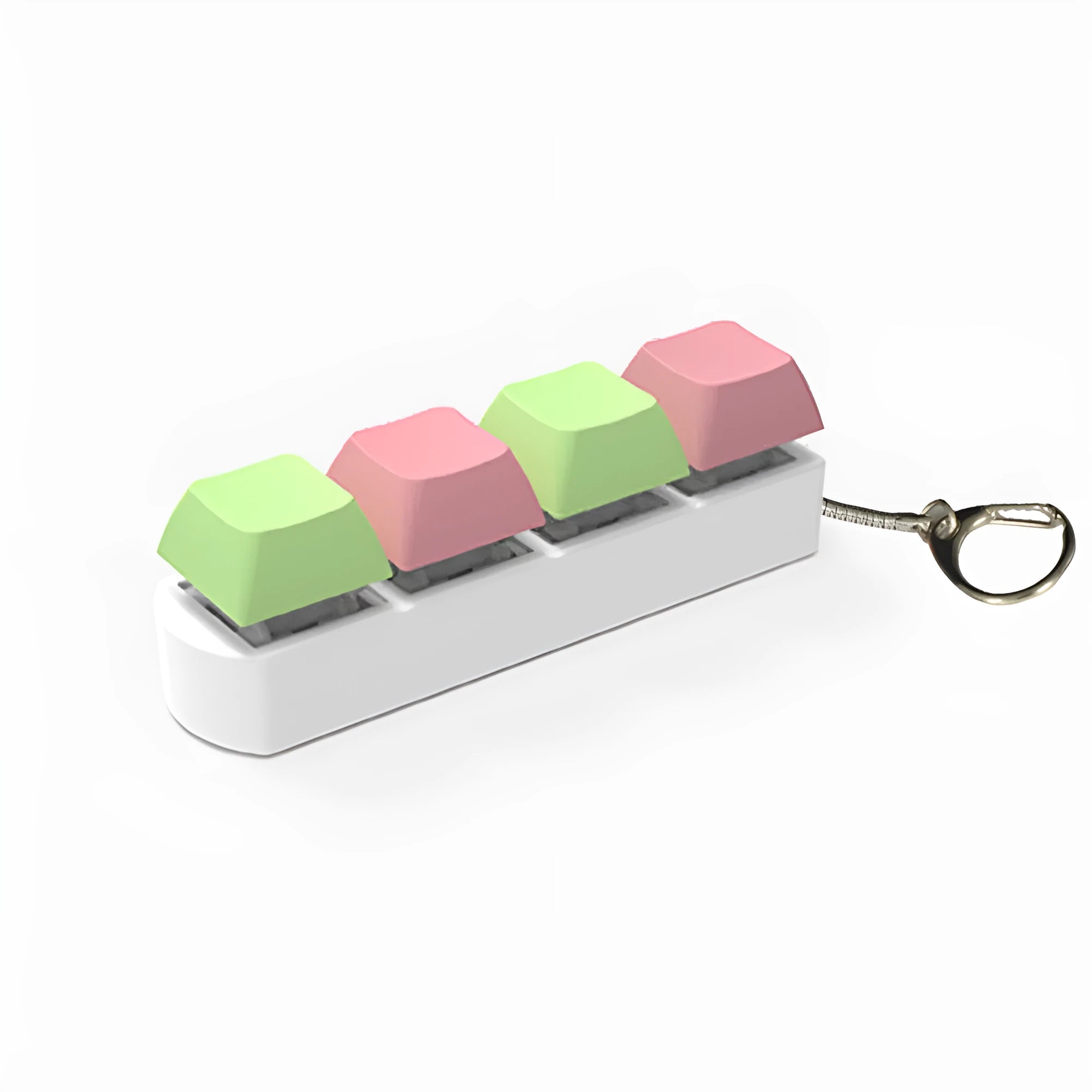 A blue, orange, yellow, and purple 4-key shaft tester fidget toy with a transparent bottom shell.