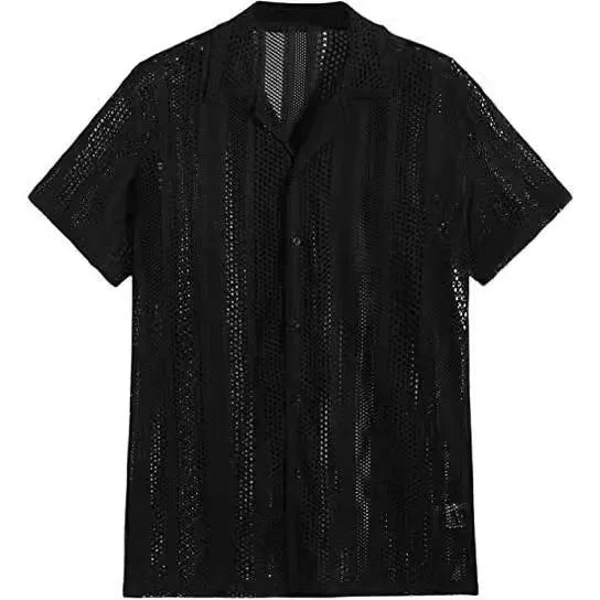 Men's black knitted short-sleeved button shirt with jacquard texture, regular fit cardigan