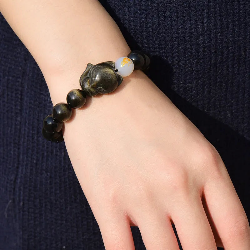 Natural obsidian zodiac guardian bracelet with 10mm beads in three style options