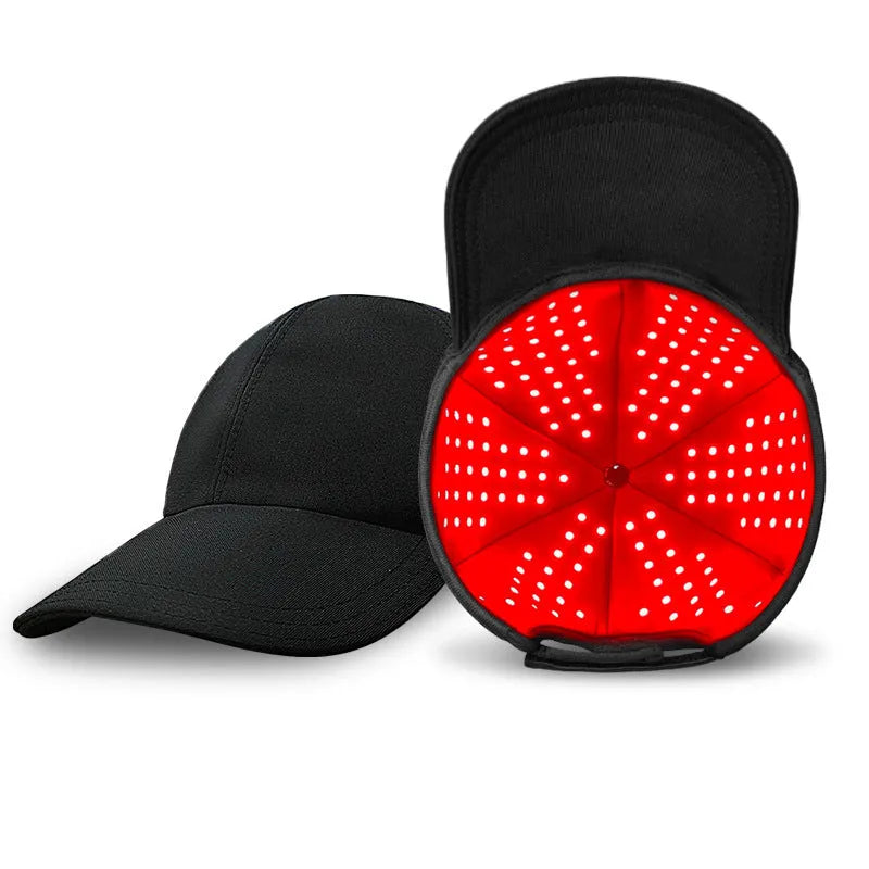 Black infrared peaked cap with 180 LED lights for hair growth and hair care treatment